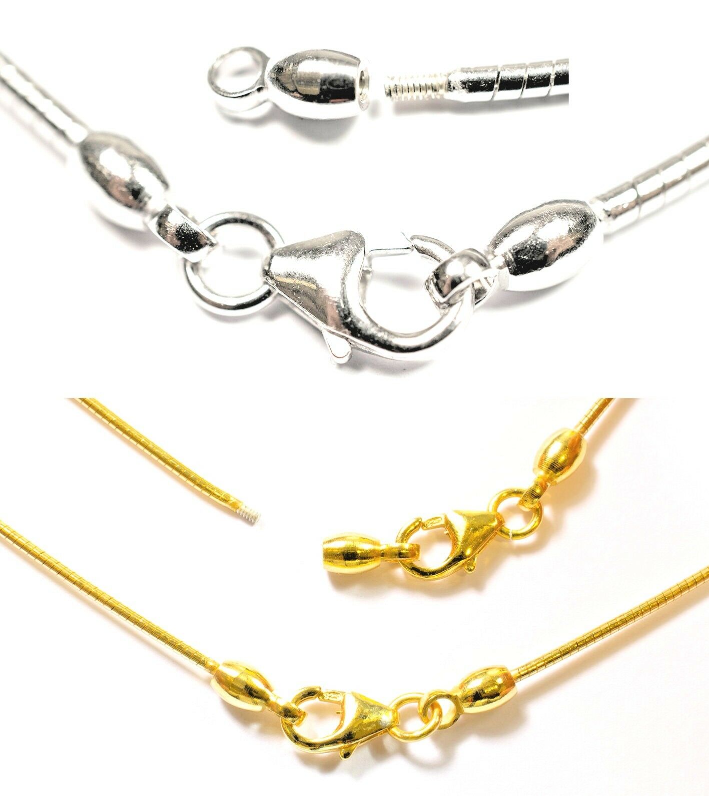 Omegareifen Silberketten Ø 1 mm mit abschraubbarer Hülse aus 925/Silber oder Silber Vergoldet in 40/42/45/50 cm